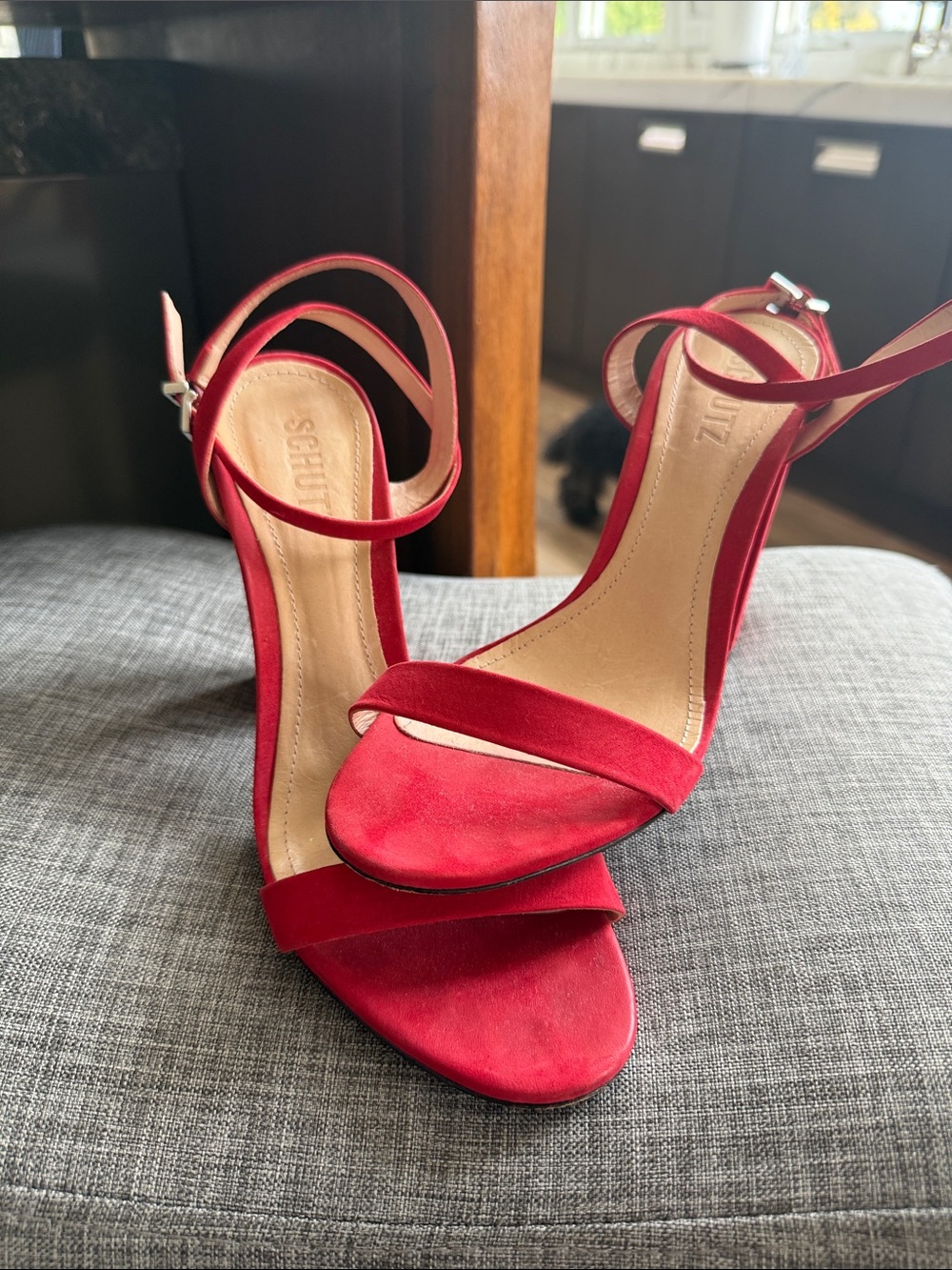 SCHUTZ Red Suede Open-Toe Ankle-Strap Heels